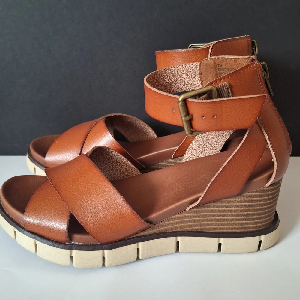 MIA Women's Lauri Wedge Strap Zip Up Cognac Tan Sandals Size 7 - Picture 8 of 8